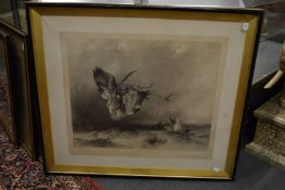 After Landseer, Hawking in the olden time, a large engraving framed and glazed together with a