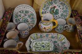 A collection of colourful Continental pottery.
