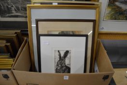 A collection of watercolours, prints and oils.