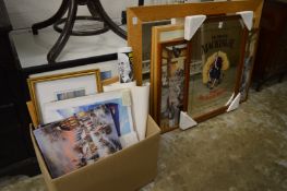 An oak framed mirror, decorative prints etc.