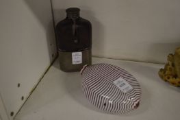 A Nailsea glass flask and a hip flask.
