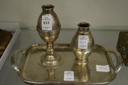 Two white metal vessels, one mounted with a coin together with a small plated tray.