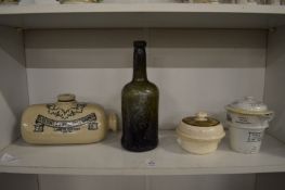 A George III green glass wine bottle, Doulton foot warmer and other items.