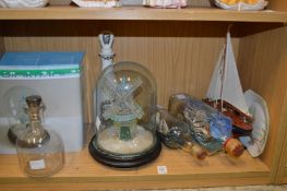 An unusual glass windmill under a glass dome, ships in bottles etc.