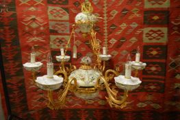 A good large Continental ormolu and porcelain six branch chandelier.