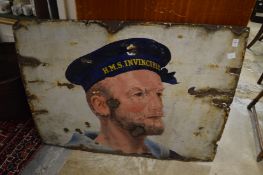 An enamel sign decorated with a sailor.