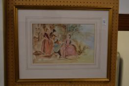 Elegant ladies in a garden, watercolour.