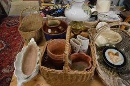 Household miscellaneous to include baskets, oil lamp, glassware etc.