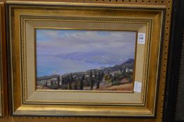 Russian school, coastal landscape with trees and buildings, oil on board.