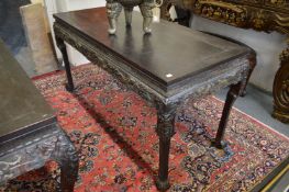 A Chinese hardwood rectangular altar table, the carved frieze inlaid with hard stone decoration