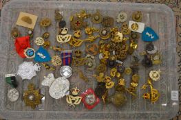 A box of various military badges.