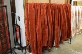 A set of six crimson cut velour curtains, each approx 280cm drop x 90cm at the heading.