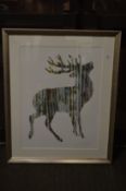 Colourful abstract silhouette of a stag, pencil signed and dated.