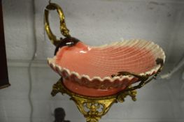 A Sarreguemines shell shaped pottery dish with ormolu mounts.