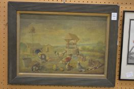 W B Baird, chickens and a rabbit in a farmyard, oil on board.