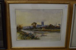 L Sampson, Cathedral in a river landscape, watercolour, signed.
