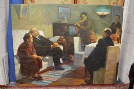 Russian school, interior scene with Lenin and other figures listening to a musical recital, oil on