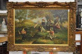Children in a woodland setting, oil on canvas in a decorative gilt frame.
