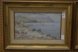 Russian school, coastal landscape with children on a jetty, oil on board.