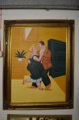 Modernist school, amusing painting depicting a pair of dancers, oil on canvas, in a moulded frame