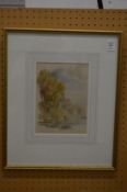 River landscape with trees, watercolour, signed.