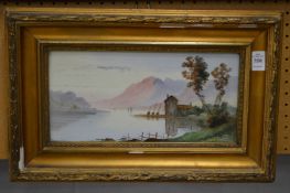 Continental school, river landscape with buildings oil on porcelain tile in a gilt frame.