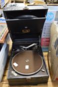 A HMV portable gramophone.