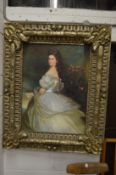 A portrait of a lady wearing a white dress, oil on canvas in a large decorative frame 142cm x