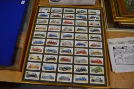 Players cigarette cards depicting cars, aeroplanes and military figures, set of four framed and