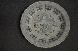 A good large Chinese blue and white dragon dish.