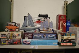 Model cars, boats, remote control helicopter, other toys and games.
