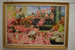 A good large colourful classical banqueting scene with figures dining alfresco, oil on canvas in a