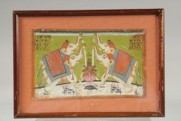 A 19TH CENTURY INDIAN PAINTING DEPICTING KRISHNA SURROUNDED BY WHITE ELEPHANTS, framed and glazed,