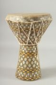 AN OTTOMAN MOTHER OF PEARL AND BONE INLAID DRUM, 30.5cm high.