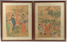 TWO CHINESE PAINTINGS ON SILK, uniformly framed and glazed, images 41cm x 29cm.