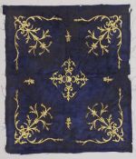 AN OTTOMAN GILT METAL THREADED BLUE VELVET TEXTILE, 81cm x 84cm.