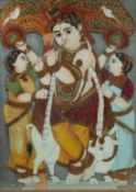 A VERY FINE 19TH CENTURY SOUTH INDIAN TANJORE REVERSE GLASS PAINTING, depicting fluting Krishna,