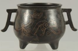 A CHINESE SILVER WIRE INLAID BRONZE TWIN HANDLE CENSER, the inlay depicting chilong, mark to base '