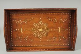 AN ANGLO INDIAN BONE INLAID WOODEN TRAY, 28cm x 45cm.
