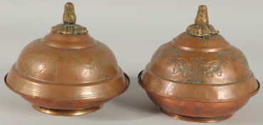 A RARE PAIR OF 18TH CENTURY OTTOMAN TURKISH GILDED COPPER TOMBAK LIDDED DISHES, 16.5cm diameter.