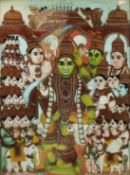 A FINE LARGE 19TH CENTURY SOUTH INDIAN TANJORE REVERSE GLASS PAINTING, depicting the coronation of