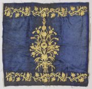 AN OTTOMAN GILT METAL THREADED BLUE VELVET TEXTILE, 82cm x 78cm.