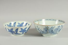 TWO CHINESE BLUE AND WHITE PORCELAIN BOWLS, one bowl possibly Ming dynasty, (af), (2).