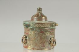 A FINE 12TH-13TH CENTURY PERSIAN SELJUK KHURASAN ENGRAVED BRONZE INKWELL, 8cm high.
