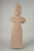 A FINE LARGE CAMBODIAN KHMER REVIVAL CARVED STONE STATUE OF BUDDHA, 76cm high.