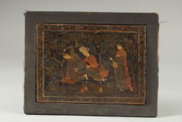 A FINE 17TH CENTURY SAFAVID LACQUERED AND PAINTED PANEL, decorated with figures in a woodland