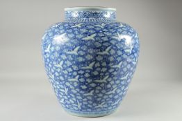 A LARGE CHINESE BLUE AND WHITE BULBOUS VASE, decorated with cranes and stylised cloud pattern,