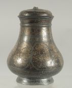 A 19TH CENTURY INDIAN BIDRI SILVER INLAID LIDDED POT, 12cm high.