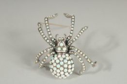 A LARGE SILVER OPAL SET SPIDER BROOCH.