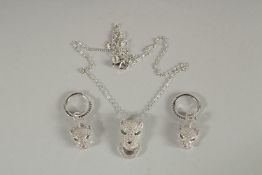 A SILVER PANTHER HOOP EARRINGS AND NECKLACE.